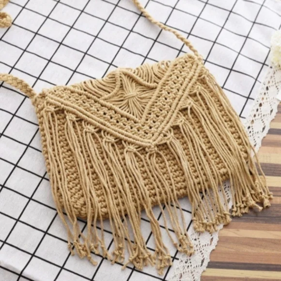 Bohemian Shoulder Bag Crocheted Crossbody Hippie purse 70s Style - Picture 6 of 16